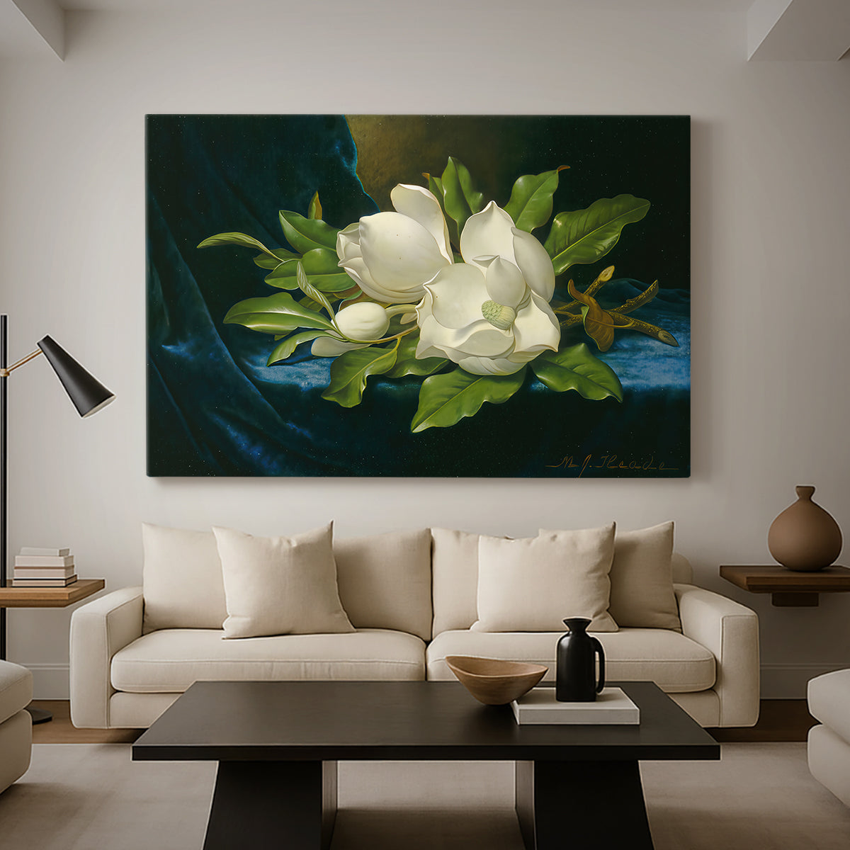 Canvas art print featuring a botanical composition with soft textures, displayed in a spacious living room