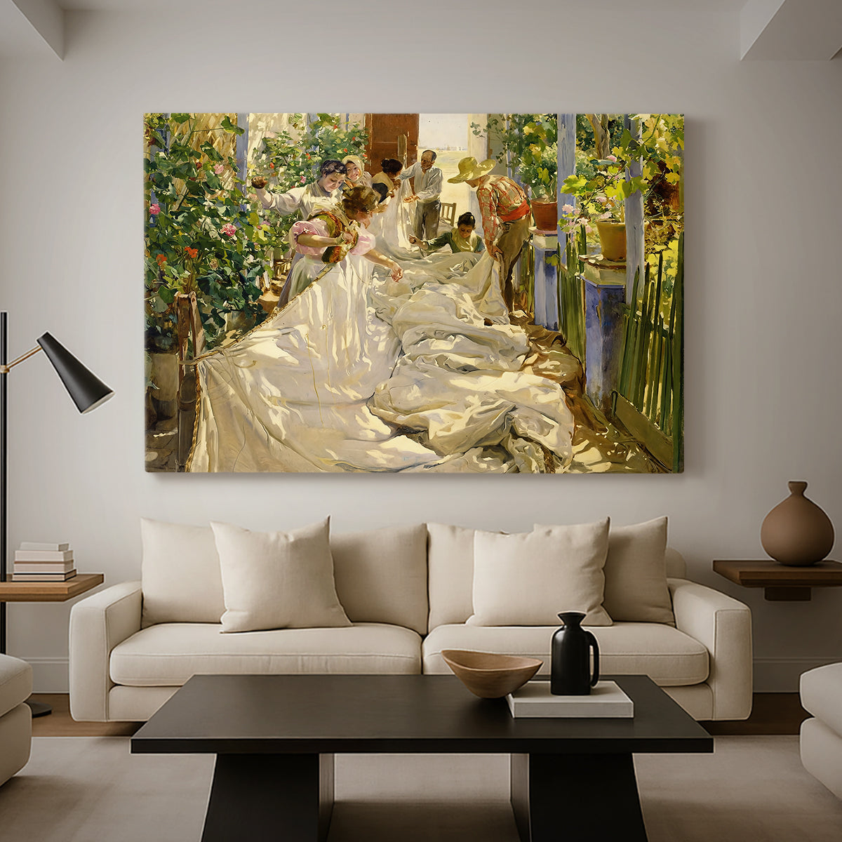 Canvas art print featuring a sunlit composition of workers repairing sailcloth, displayed in a spacious living room