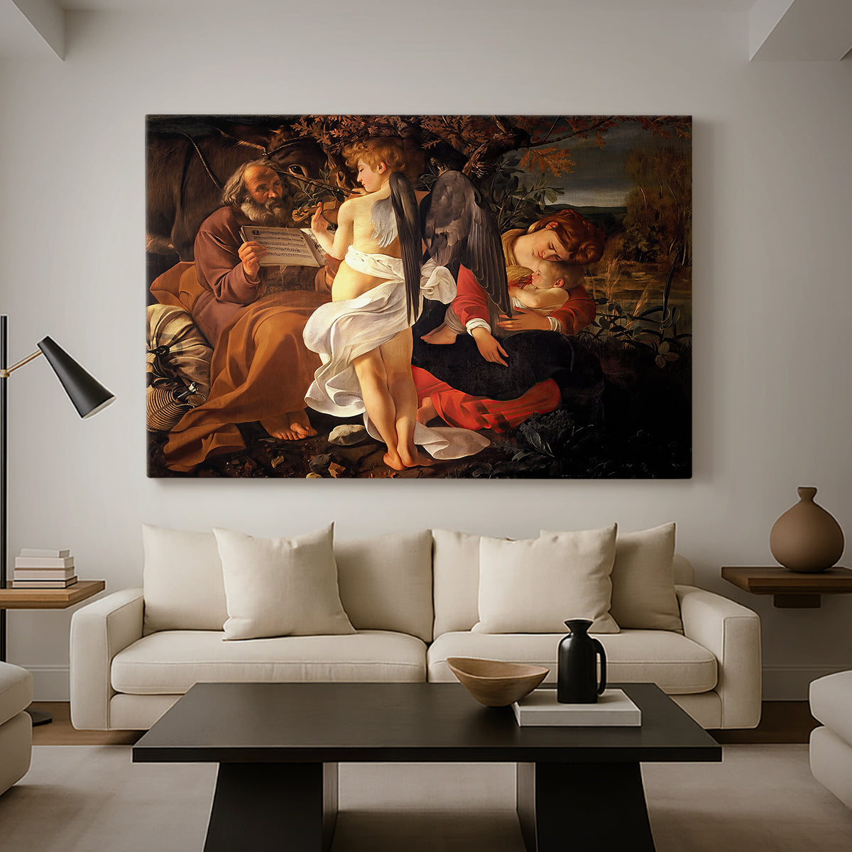 Canvas art print featuring a peaceful religious moment with figures reclining in natural setting, displayed in a spacious living room