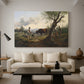Canvas art print featuring a pastoral interaction between human and livestock, displayed in a spacious living room
