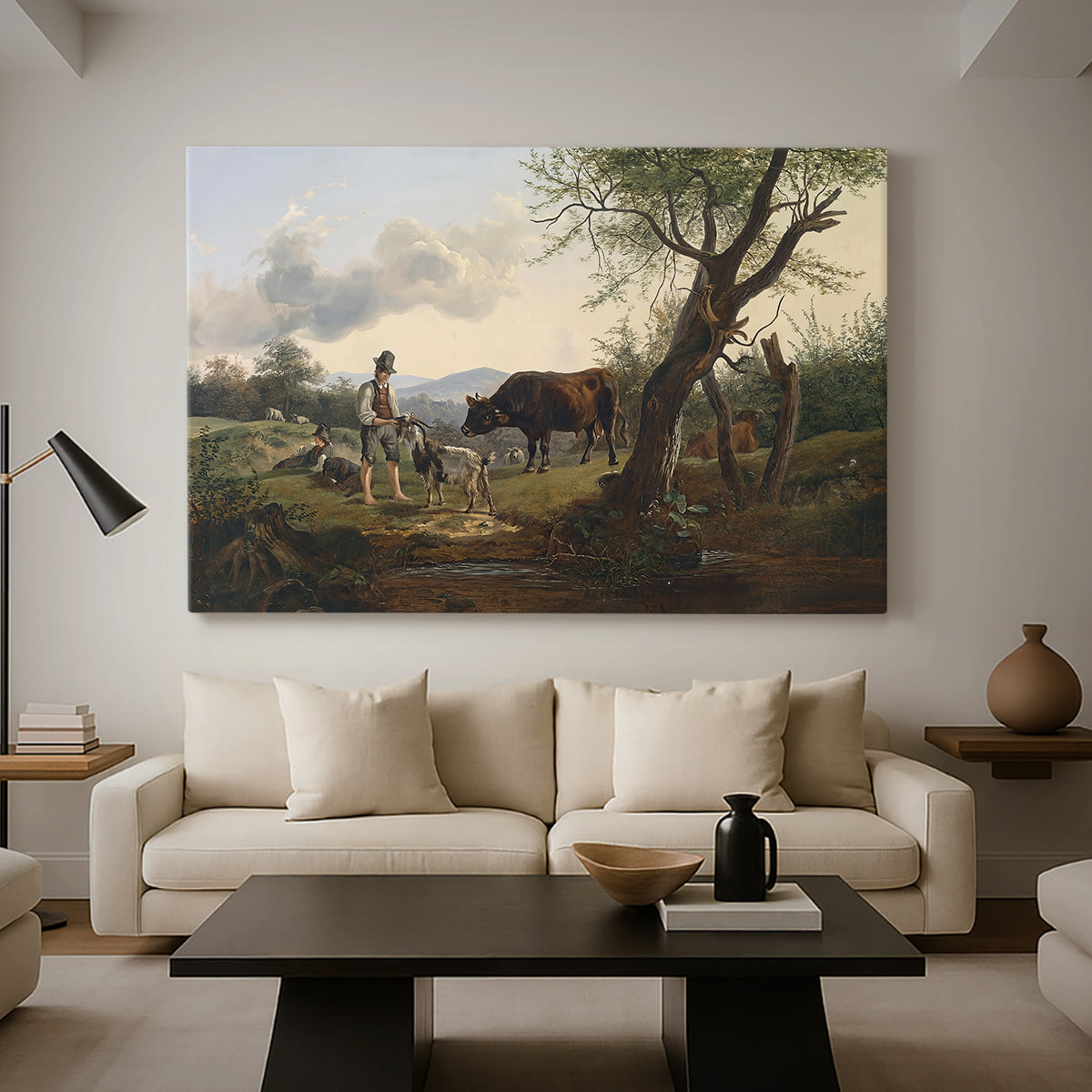 Canvas art print featuring a pastoral interaction between human and livestock, displayed in a spacious living room