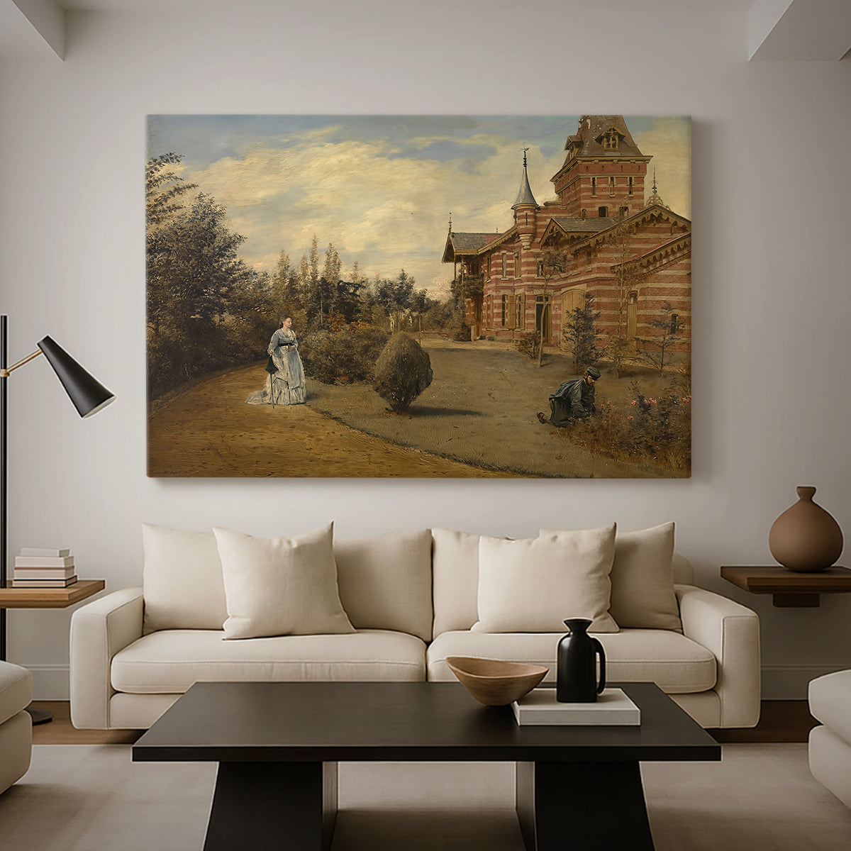 Canvas art print featuring an outdoor composition with house façade and nearby activity, displayed in a spacious living room