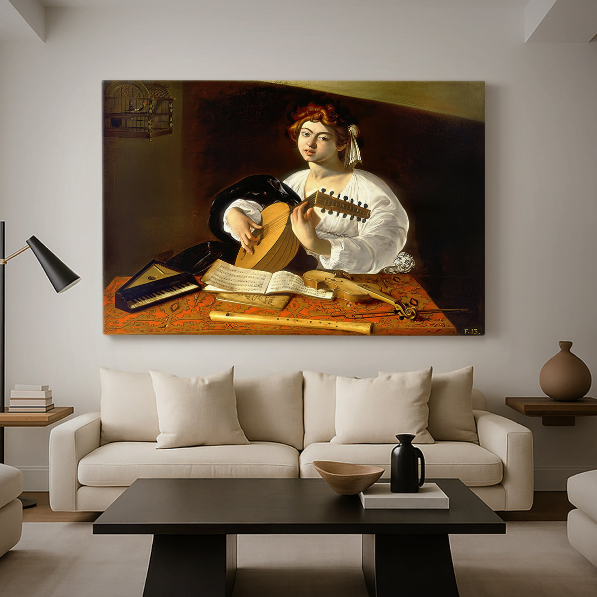 Canvas art print featuring a detailed scene of youth playing string instrument with fruit and flowers nearby, displayed in a spacious living room