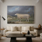 Canvas art print featuring a realistic depiction of sheep in countryside setting, displayed in a spacious living room