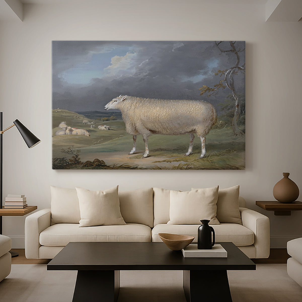 Canvas art print featuring a realistic depiction of sheep in countryside setting, displayed in a spacious living room