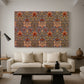 Canvas art print featuring a patterned composition with repeated blossoms and leaves, displayed in a spacious living room