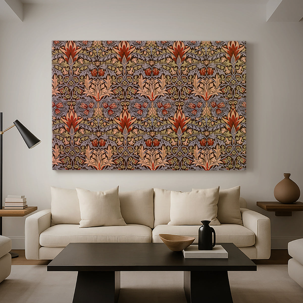 Canvas art print featuring a patterned composition with repeated blossoms and leaves, displayed in a spacious living room