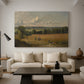 Canvas art print featuring a countryside scene with agriculture, displayed in a spacious living room