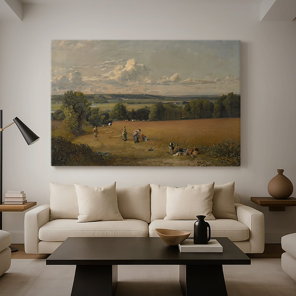 Canvas art print featuring a countryside scene with agriculture, displayed in a spacious living room