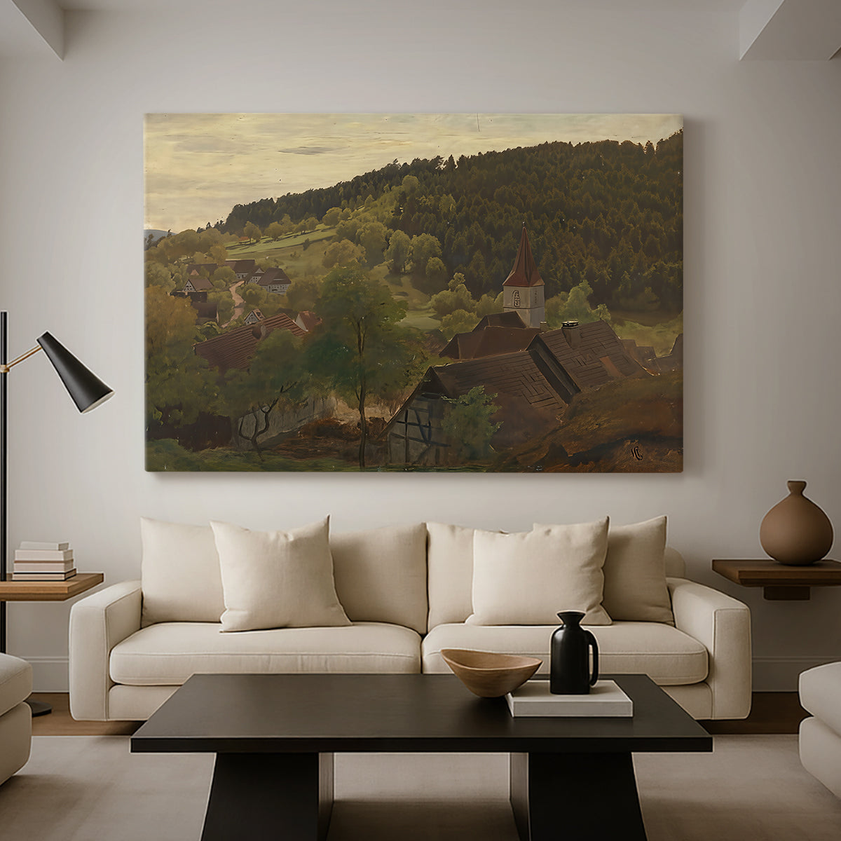 Canvas art print featuring a scenic viewpoint with expansive natural landscape, displayed in a spacious living room