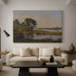 Canvas art print featuring a tranquil natural setting with river and distant horizon, displayed in a spacious living room