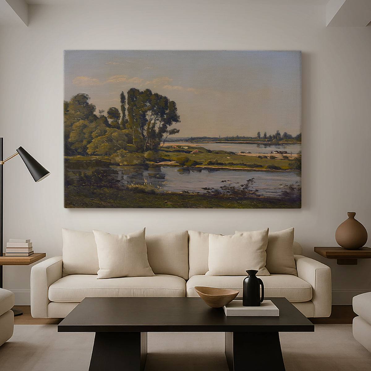 Canvas art print featuring a tranquil natural setting with river and distant horizon, displayed in a spacious living room