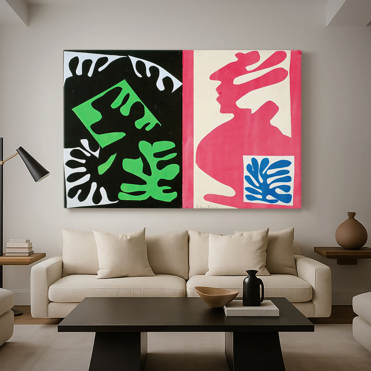 Canvas art print featuring a geometric abstraction using limited color palette, displayed in a spacious living room
