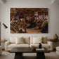 Canvas art print featuring an ornate interior with figures engaged in theatrical event, displayed in a spacious living room