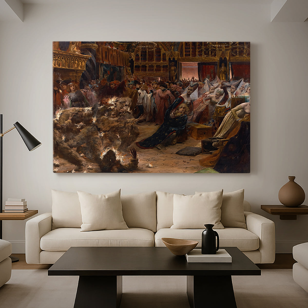 Canvas art print featuring an ornate interior with figures engaged in theatrical event, displayed in a spacious living room