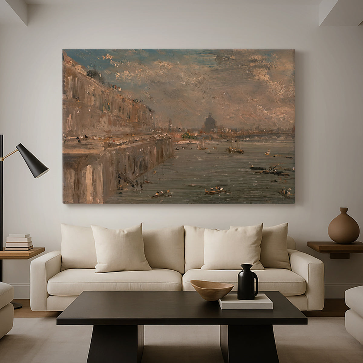 Canvas art print featuring an atmospheric city view, displayed in a spacious living room