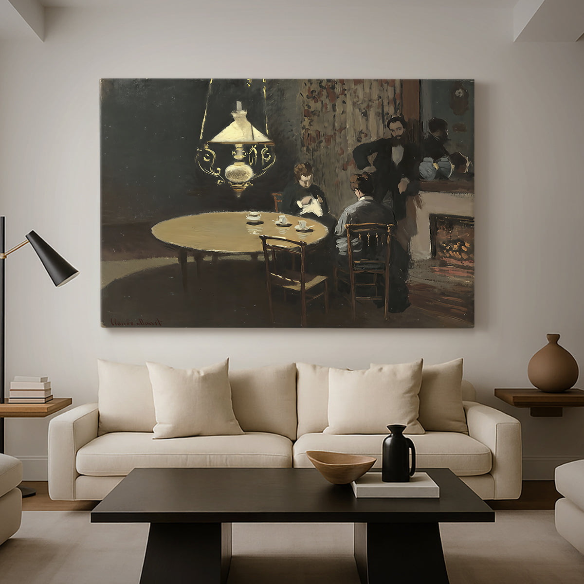 Canvas art print featuring an impressionist interior showing aftermath of dinner with soft light, displayed in a spacious living room