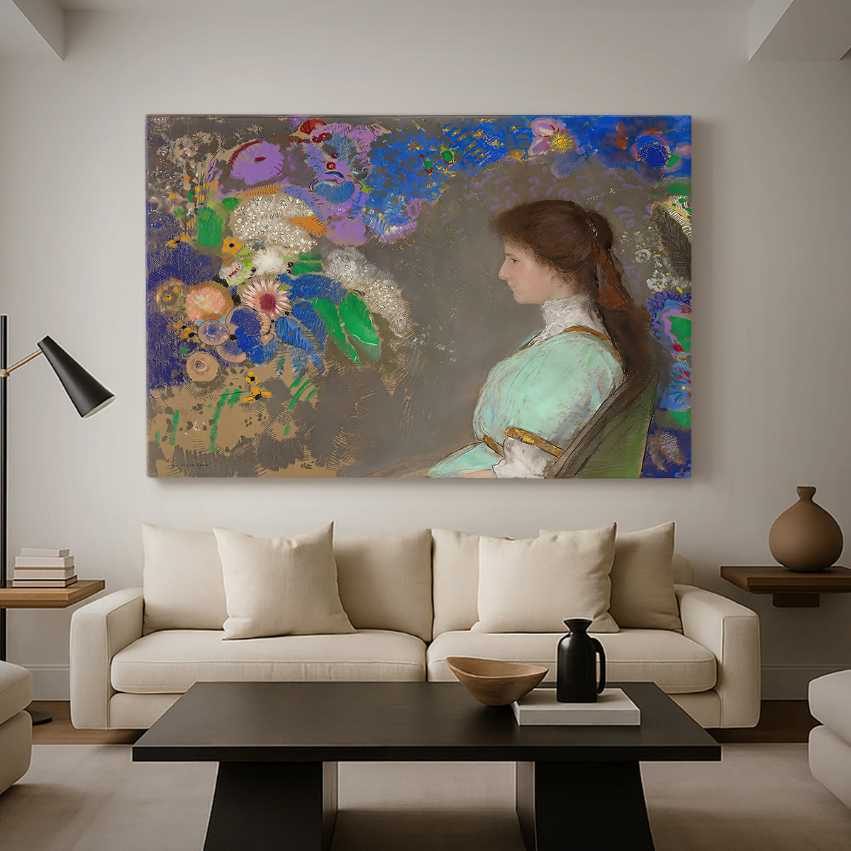 Canvas art print featuring an expressive composition with dreamlike elements, displayed in a spacious living room
