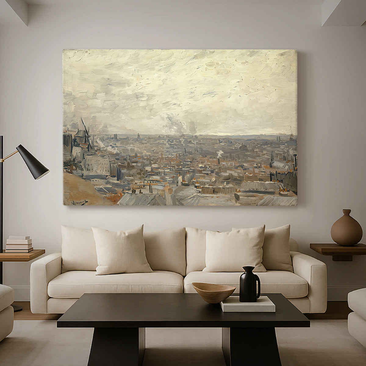 Canvas art print featuring a panoramic view of town with buildings extending into distance, displayed in a spacious living room