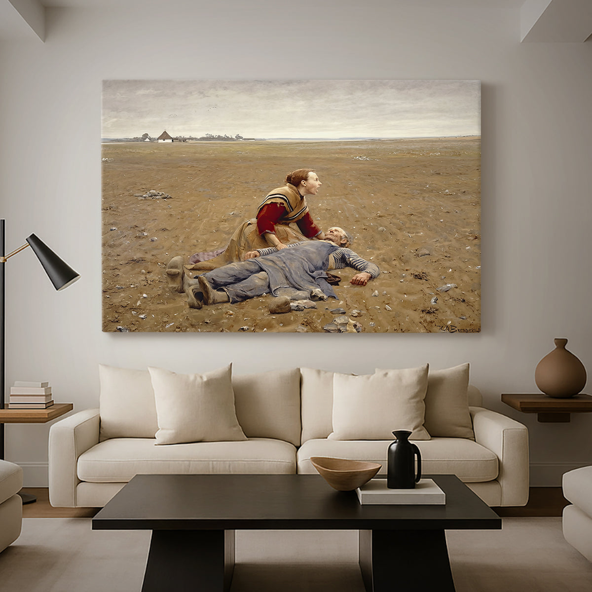 Canvas art print featuring a realistic depiction of fatigue and hardship in countryside, displayed in a spacious living room