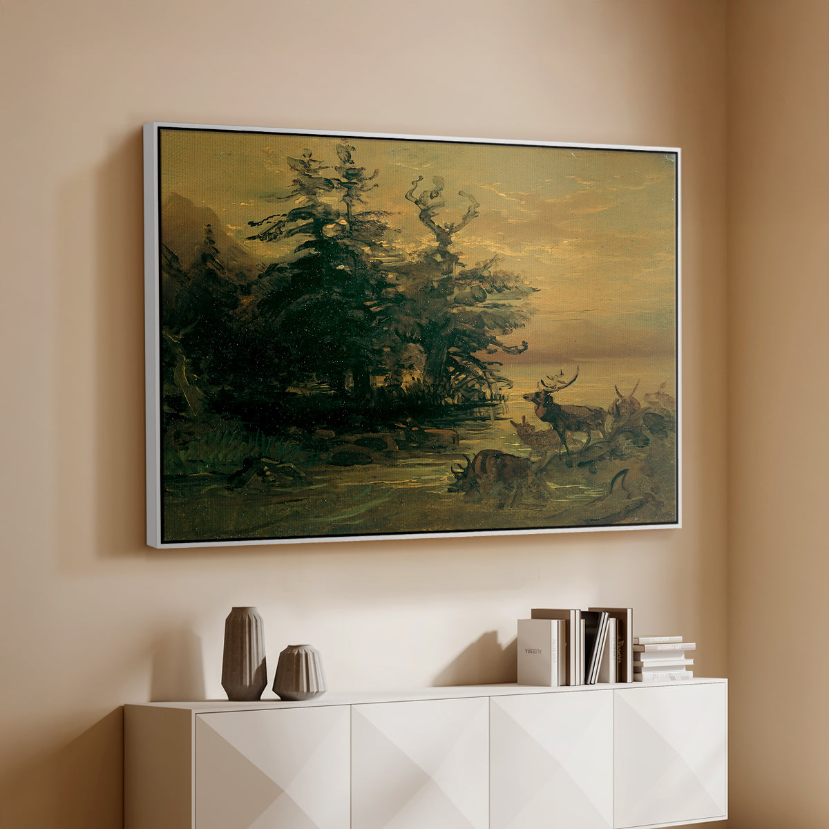 Wallowing Deer on the Shore of a Mountain Lake, c. 1850 - Floater Framed Canvas Print