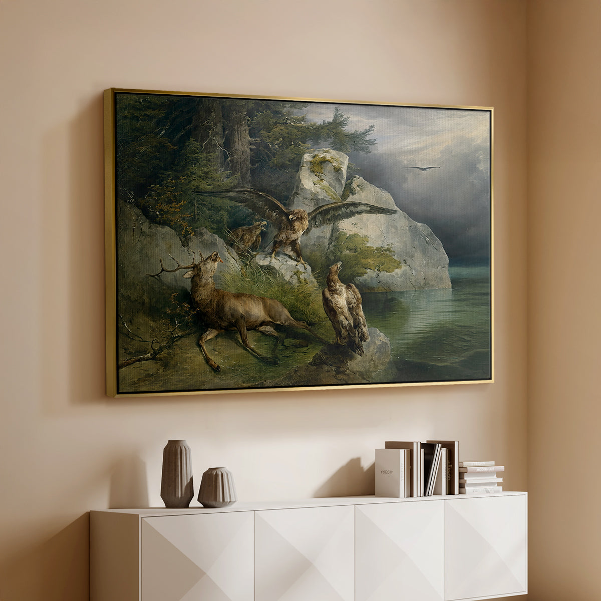 Eagles and Dying Stag on a Lakeshore, 1836 - Floater Framed Canvas Print