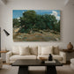 Canvas art print featuring a natural setting with detailed tree forms and soft atmosphere, displayed in a spacious living room