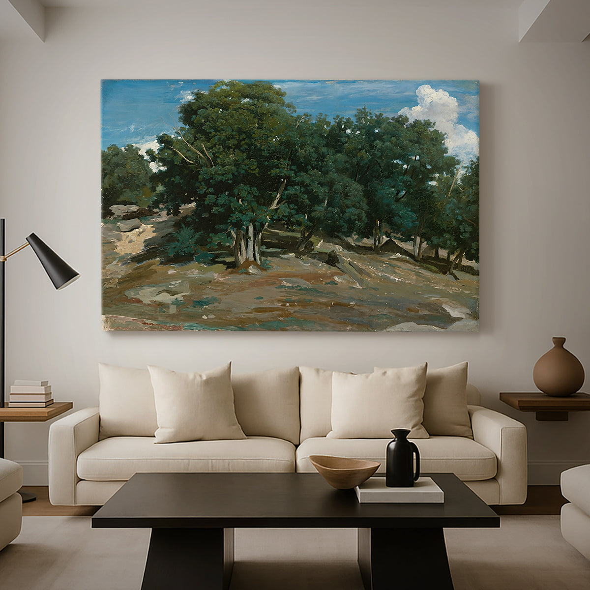 Canvas art print featuring a natural setting with detailed tree forms and soft atmosphere, displayed in a spacious living room