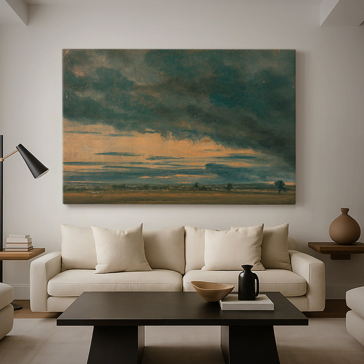 Canvas art print featuring an expressive sky composition, displayed in a spacious living room