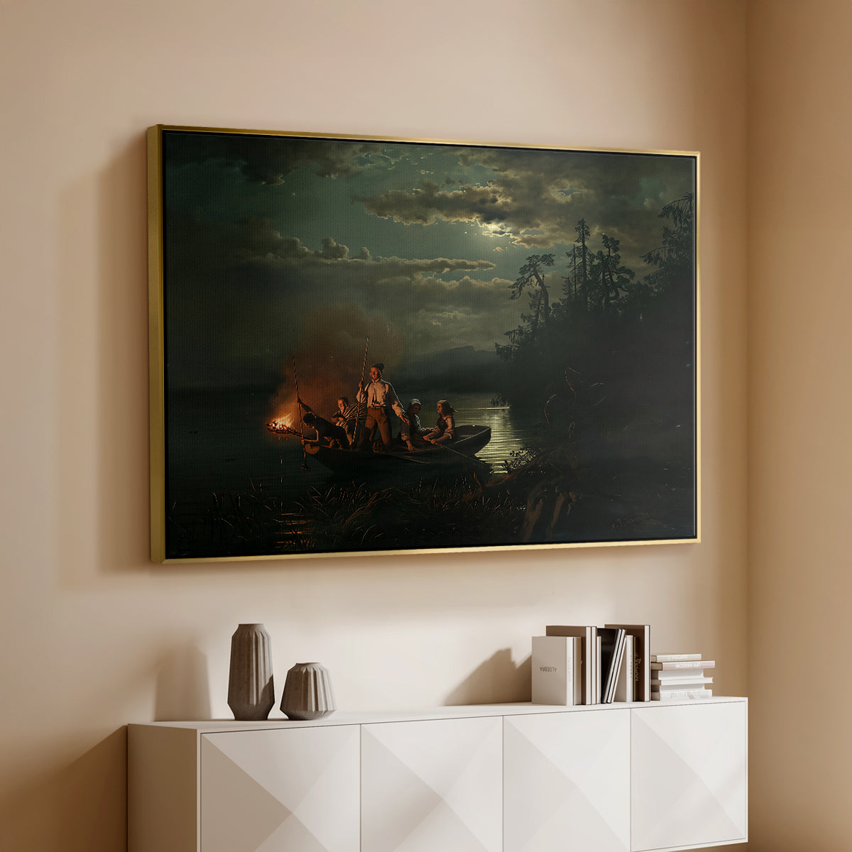 Spear Fishing on Lake Krøderen, 1851 - Floater Framed Canvas Print