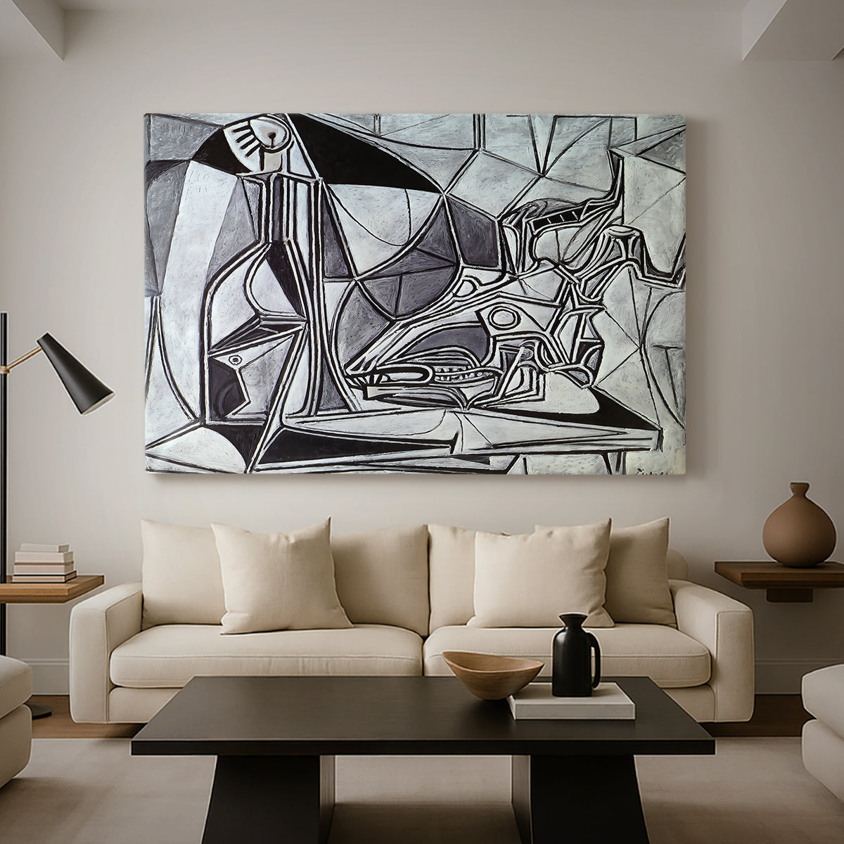 Canvas art print featuring an expressive still life with contrast, displayed in a spacious living room