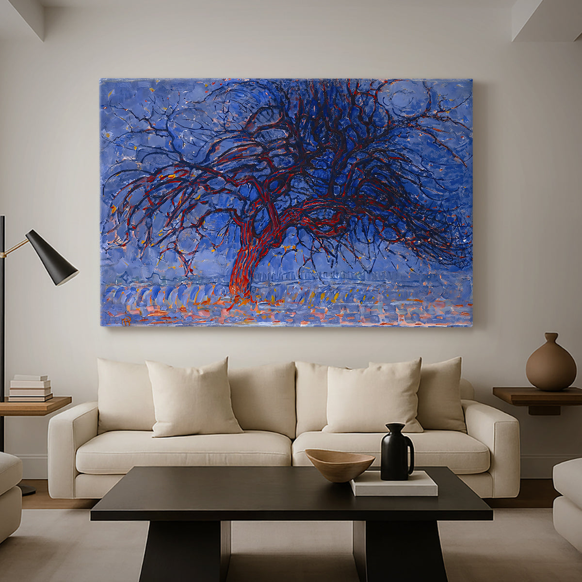 Canvas art print featuring a transitional abstraction, displayed in a spacious living room