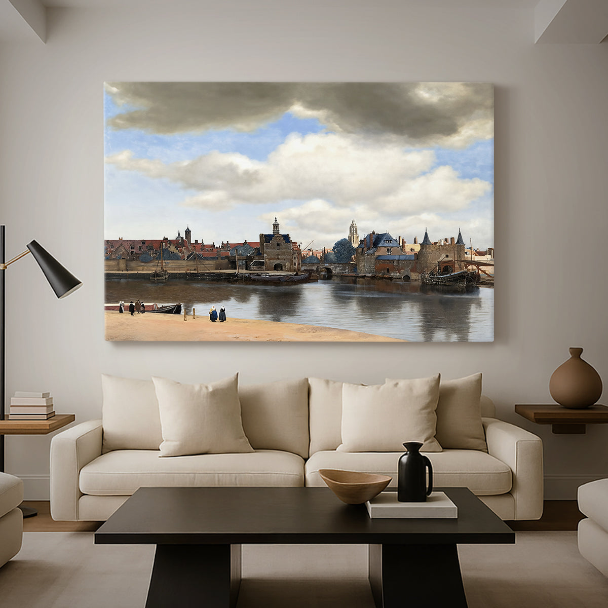 Canvas art print featuring an atmospheric city view with reflections, displayed in a spacious living room