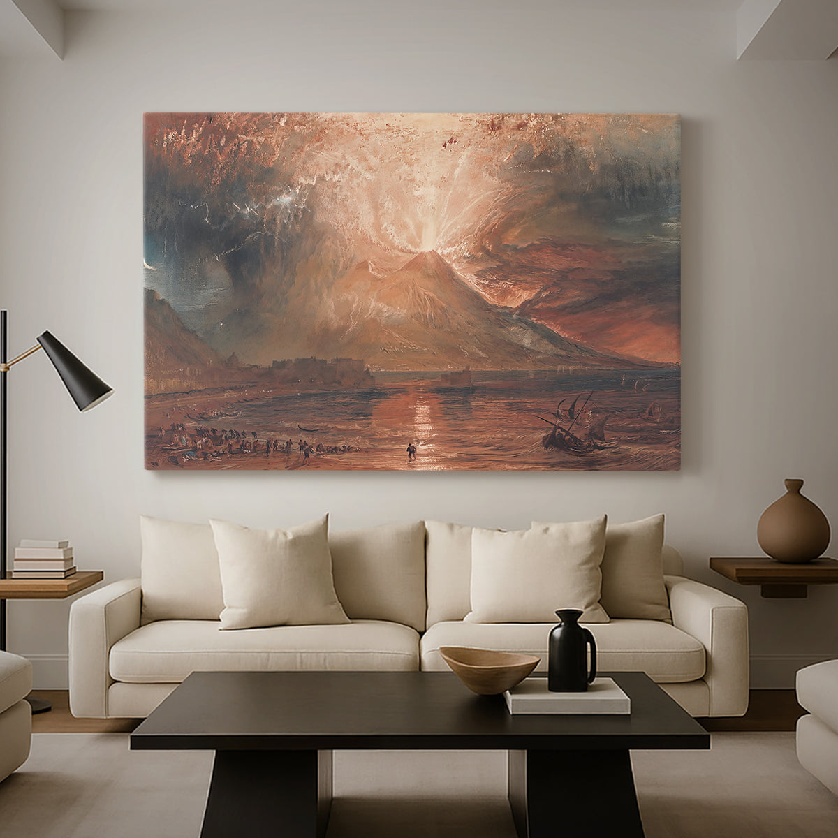 Canvas art print featuring an expressive depiction of erupting volcano, displayed in a spacious living room