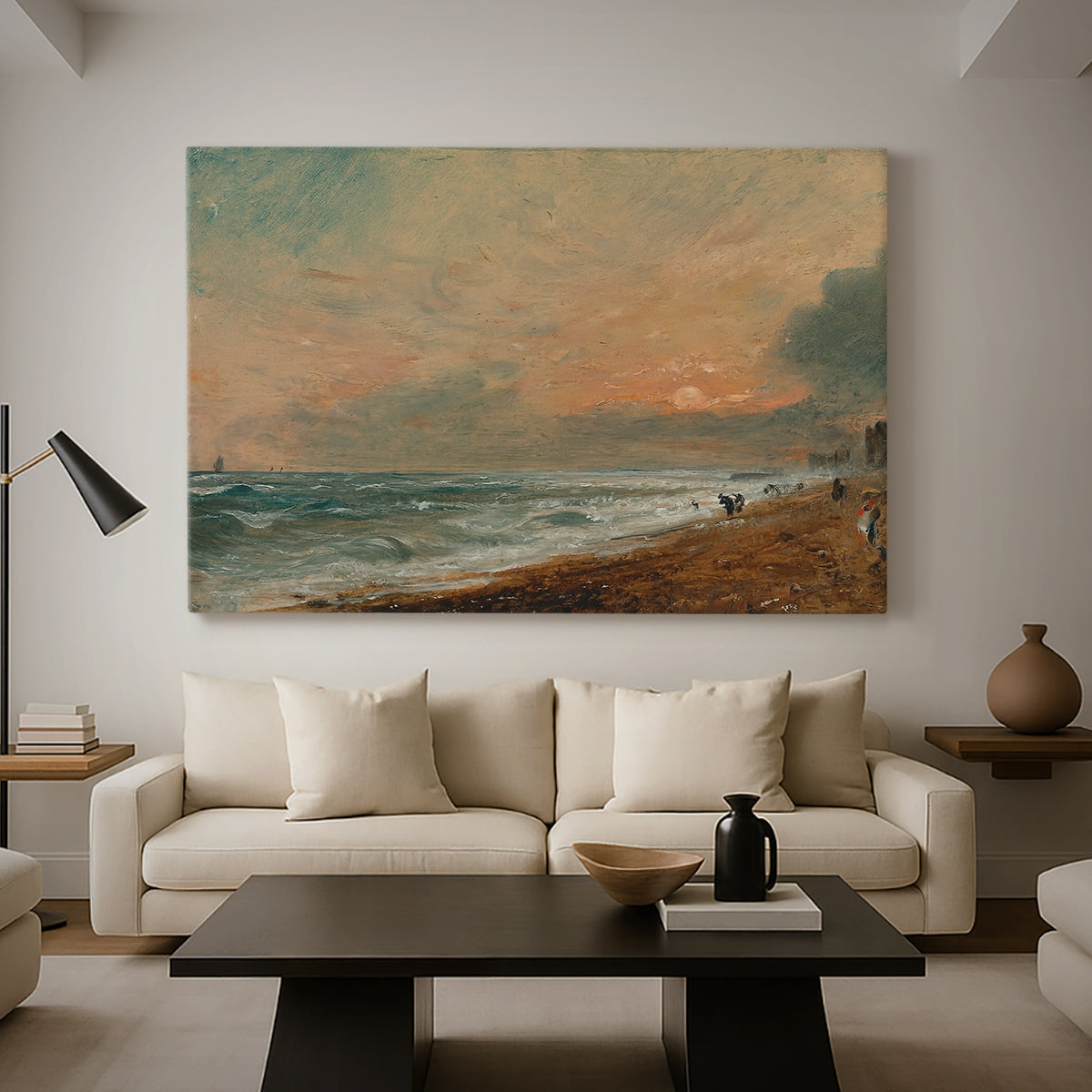 Canvas art print featuring an atmospheric coastal view with horizon, displayed in a spacious living room
