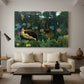 Canvas art print featuring a stylized jungle composition with human figure and foliage, displayed in a spacious living room