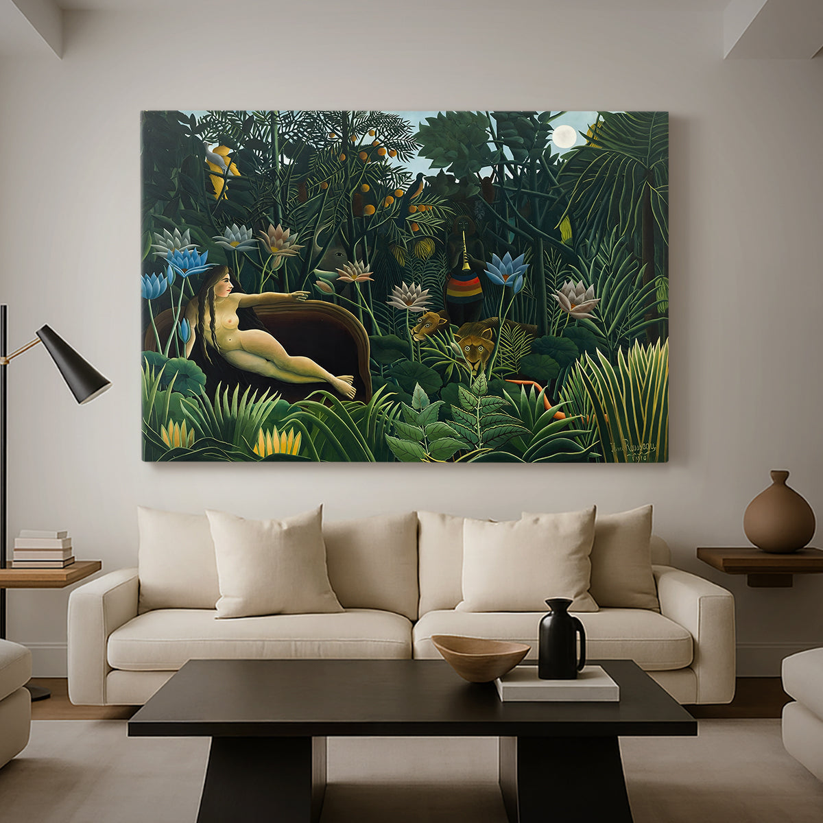 Canvas art print featuring a stylized jungle composition with human figure and foliage, displayed in a spacious living room