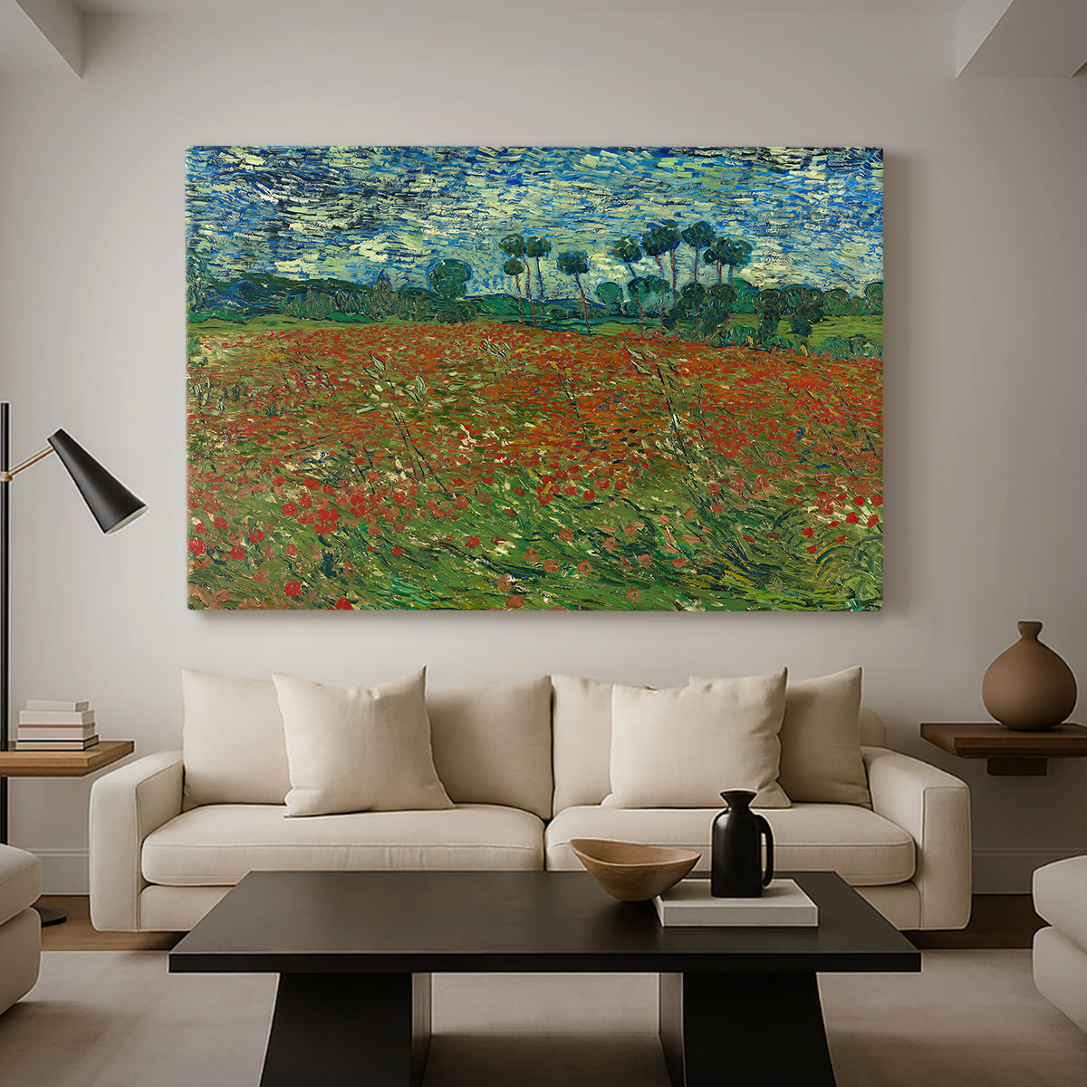 Canvas art print featuring a landscape emphasizing contrast between red blossoms and green field, displayed in a spacious living room