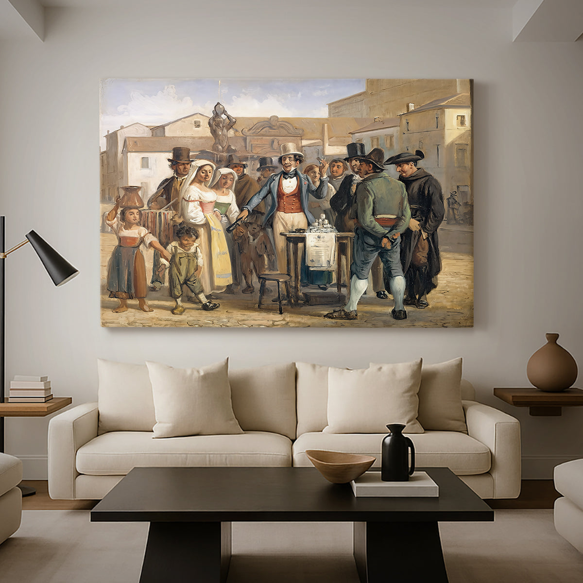 Canvas art print featuring an outdoor marketplace with central figure addressing onlookers, displayed in a spacious living room