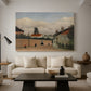 Canvas art print featuring a simplified urban landscape with architecture and sky, displayed in a spacious living room