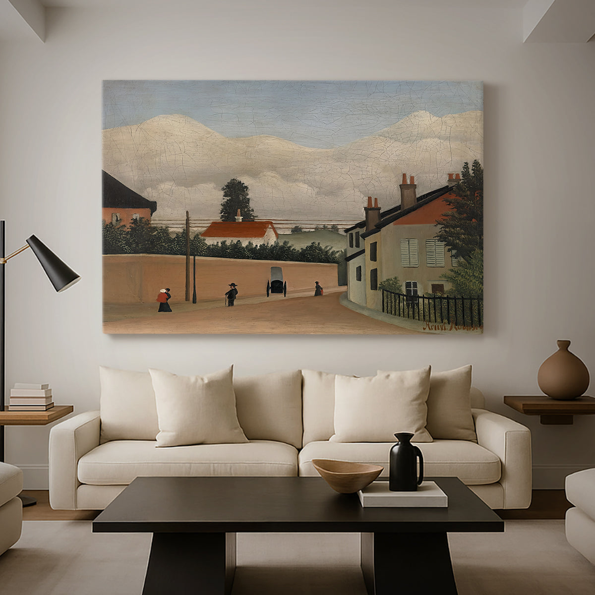 Canvas art print featuring a simplified urban landscape with architecture and sky, displayed in a spacious living room