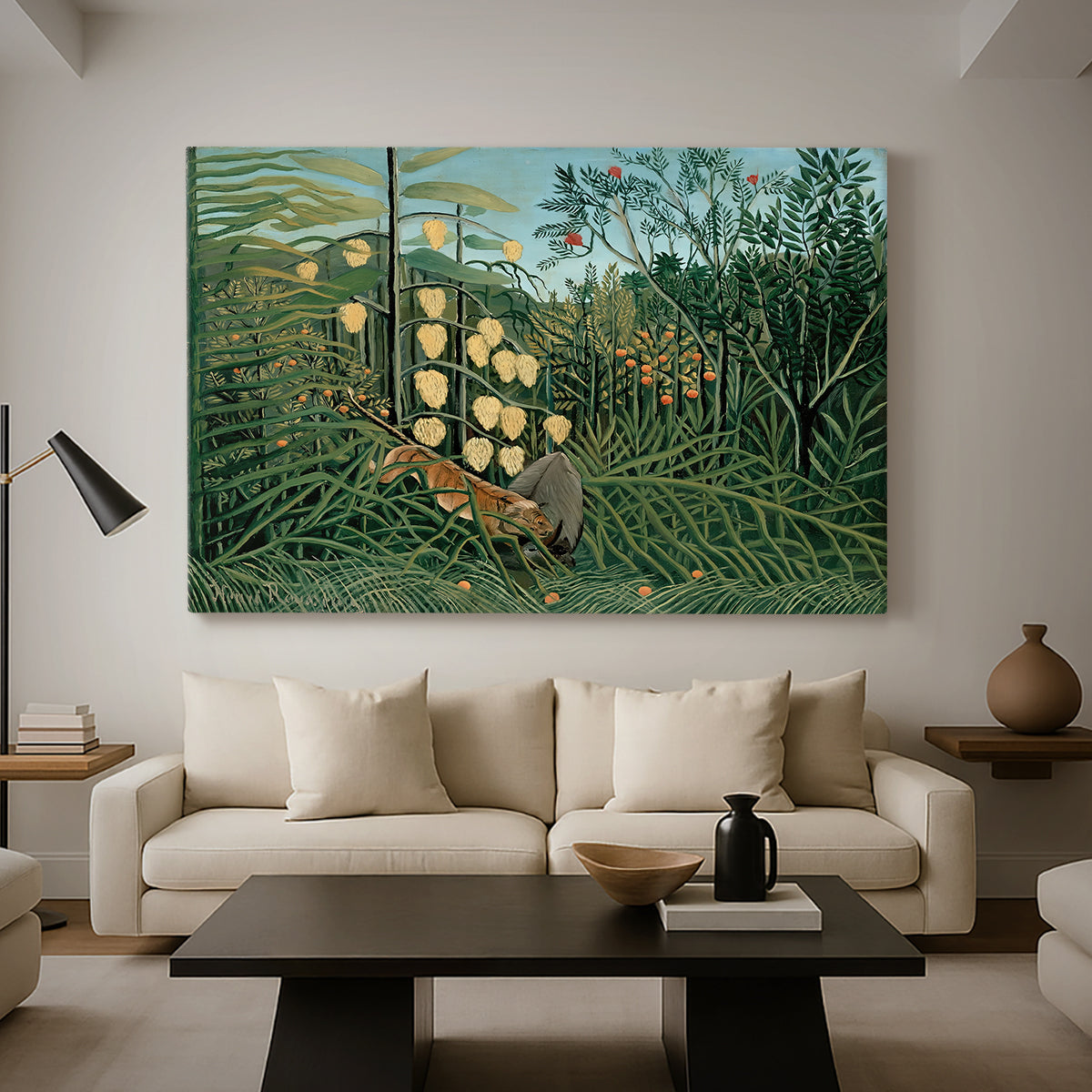 Canvas art print featuring a predator and prey locked in motion among plants, displayed in a spacious living room
