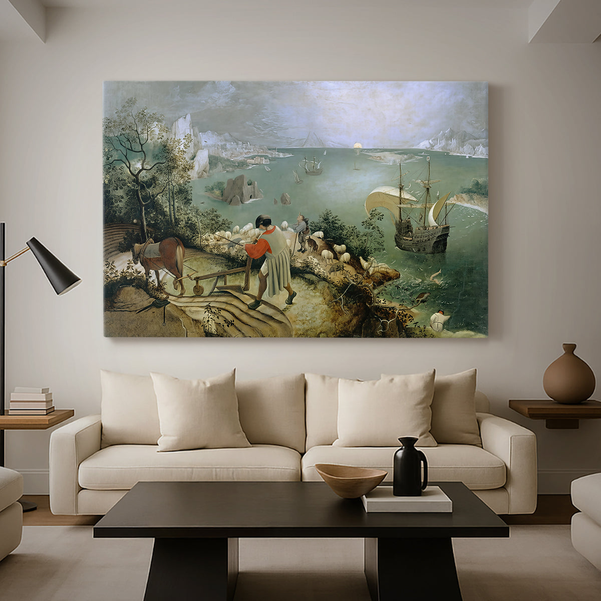 Canvas art print featuring a daily life with hidden narrative, displayed in a spacious living room