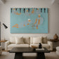 Canvas art print featuring a vibrant interior with figures and decorative elements, displayed in a spacious living room