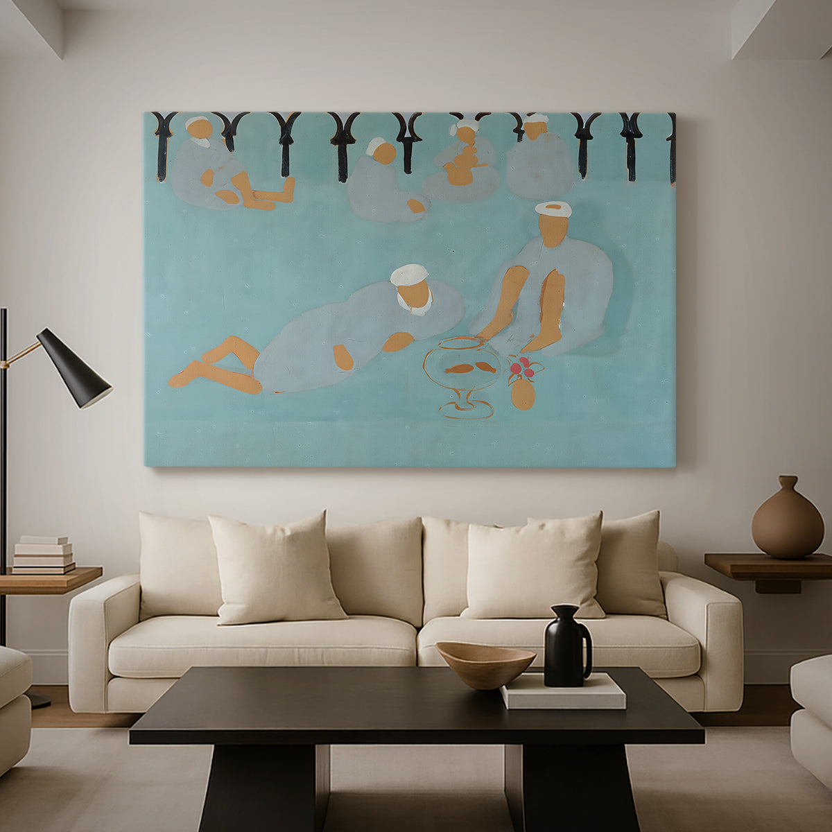 Canvas art print featuring a vibrant interior with figures and decorative elements, displayed in a spacious living room