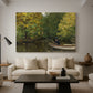 Canvas art print featuring a rural landscape with boy focused on fishing activity, displayed in a spacious living room