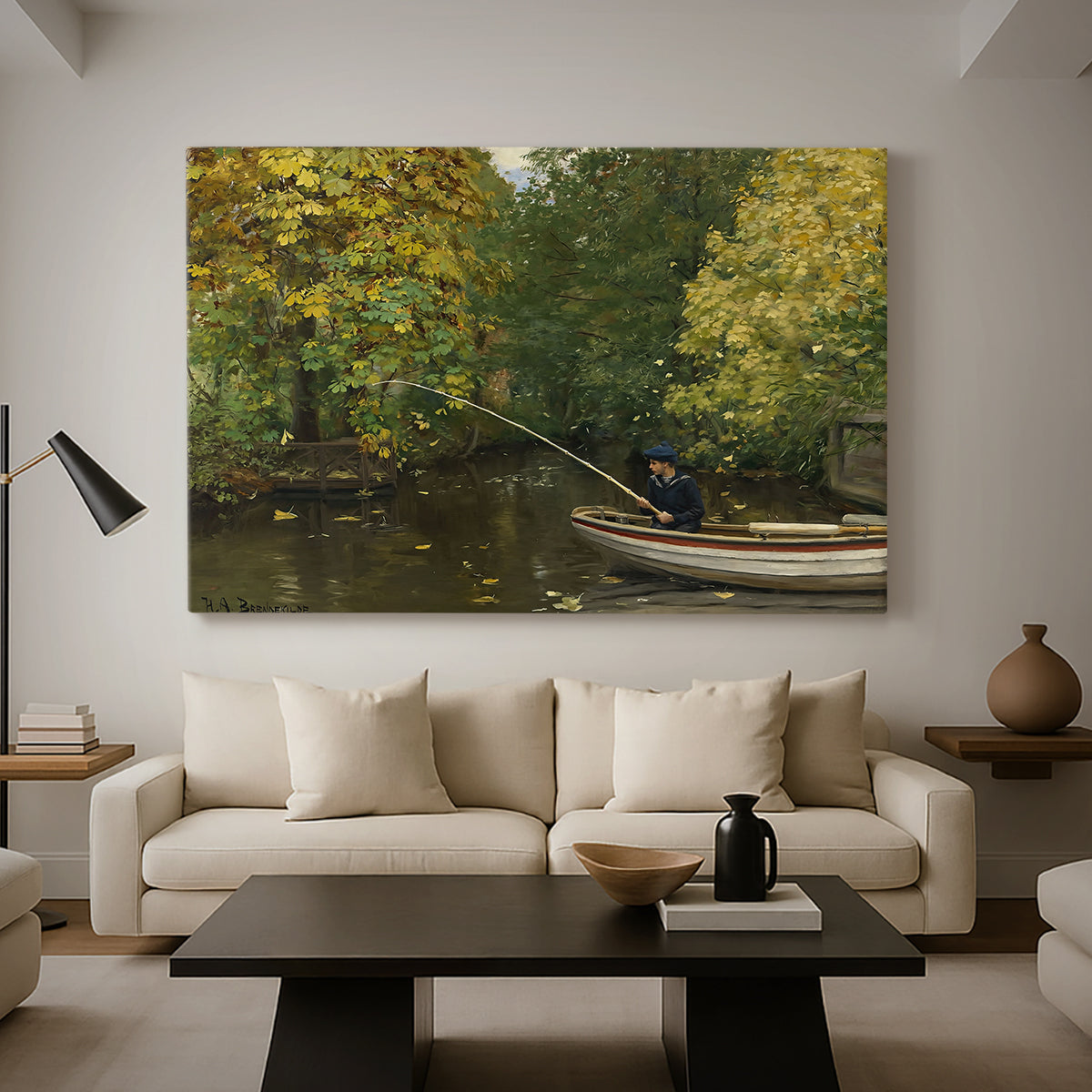 Canvas art print featuring a rural landscape with boy focused on fishing activity, displayed in a spacious living room