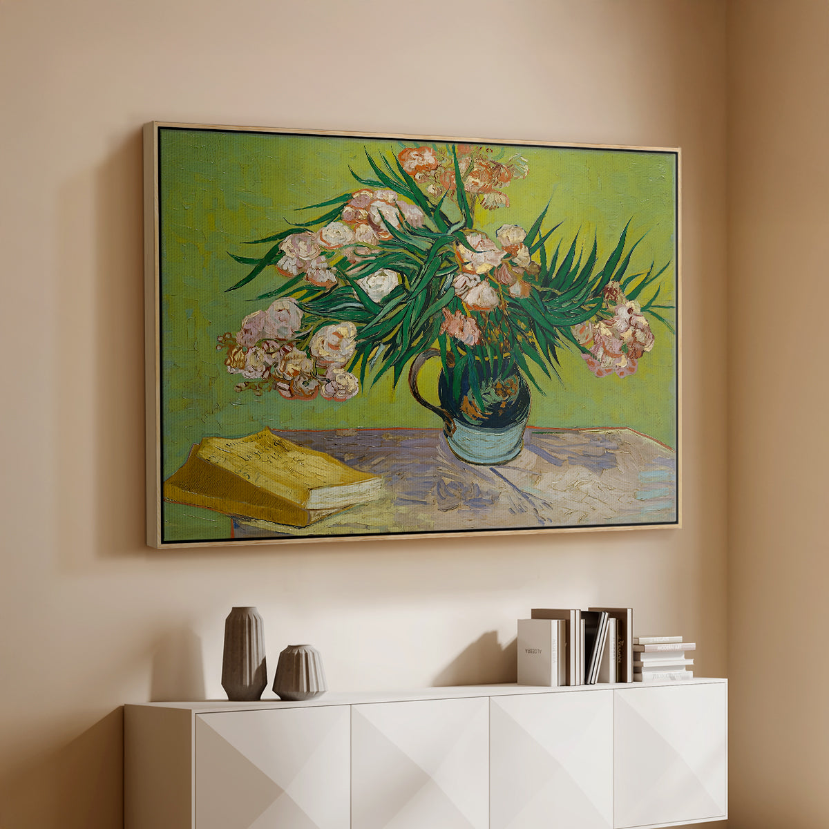 Vase with Oleanders and Books, 1888 - Floater Framed Canvas Print