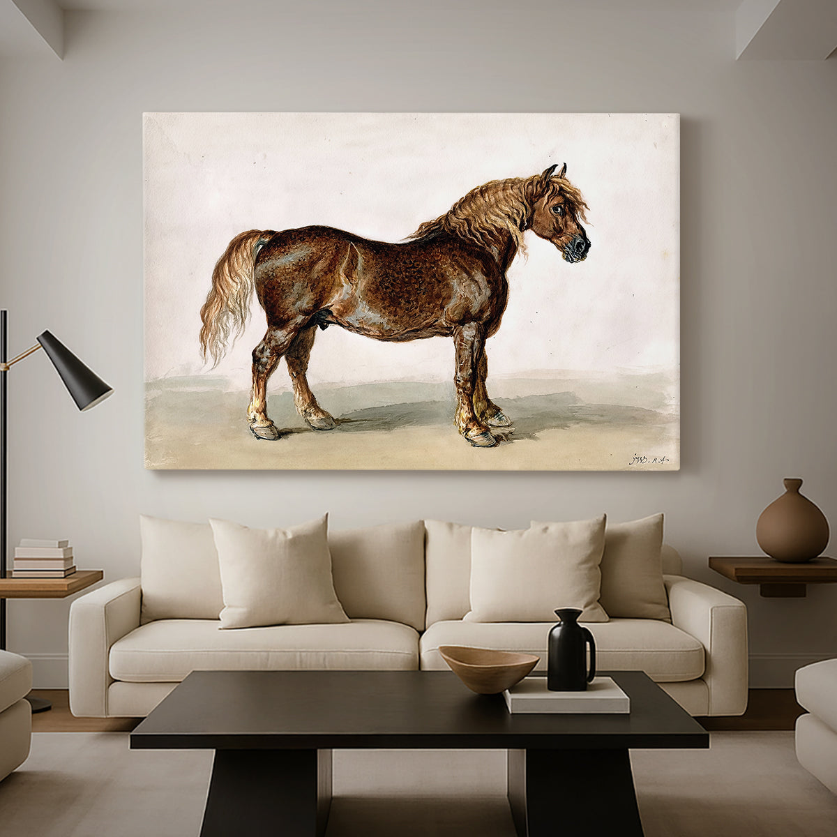 Canvas art print featuring a realistic animal study emphasizing strength and build, displayed in a spacious living room