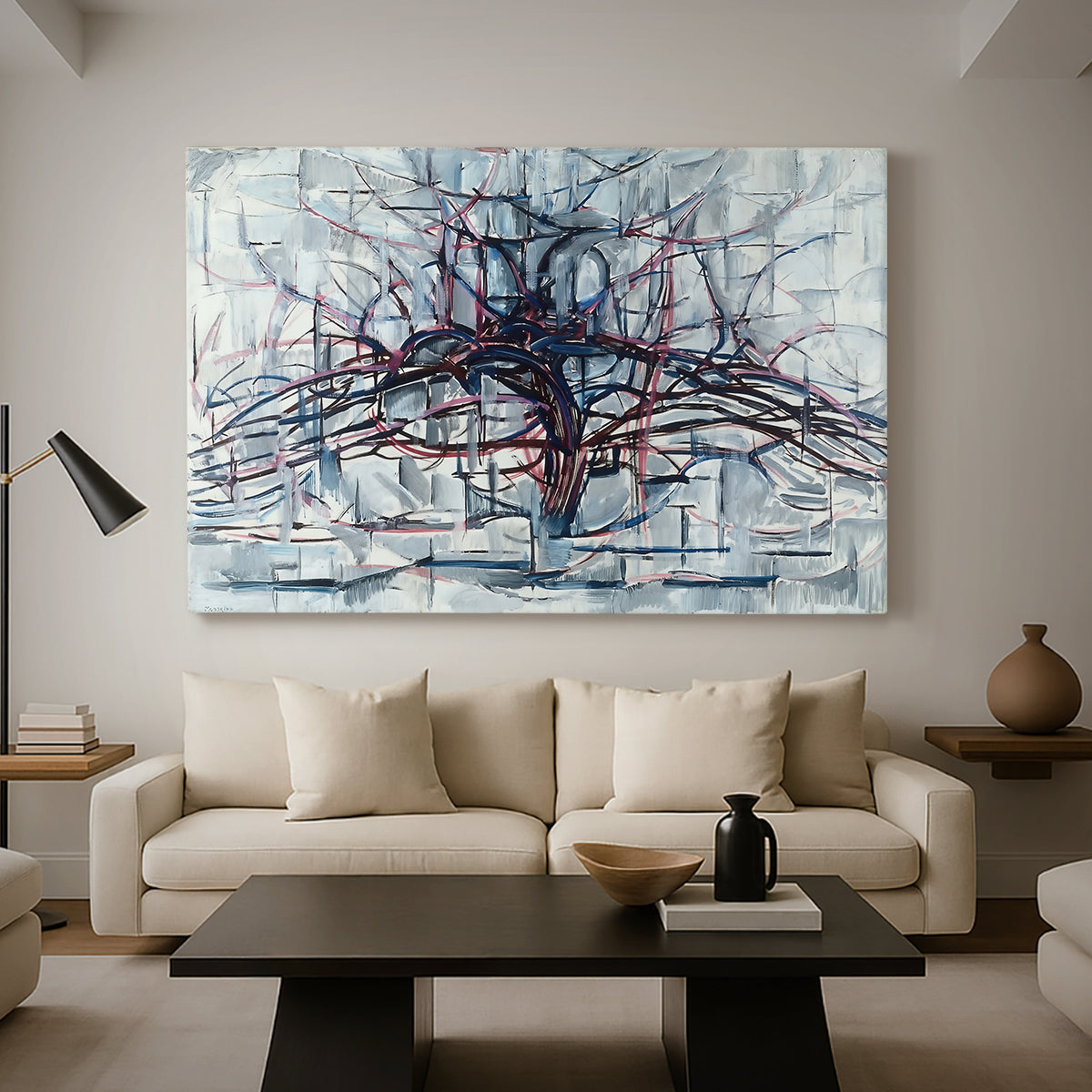 Canvas art print featuring a stylized linear tree, displayed in a spacious living room